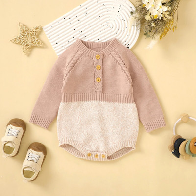 Kislányok Kötött Nyomda Ruhák Téli Ősz Meleg Pulóver Újszülött Hosszú ujjú Kontraszt Szín Gomb Horgolt Játszóruha Jumpsuits