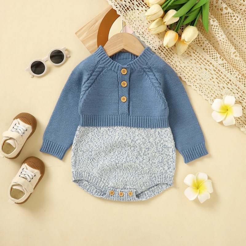 Kislányok Kötött Nyomda Ruhák Téli Ősz Meleg Pulóver Újszülött Hosszú ujjú Kontraszt Szín Gomb Horgolt Játszóruha Jumpsuits