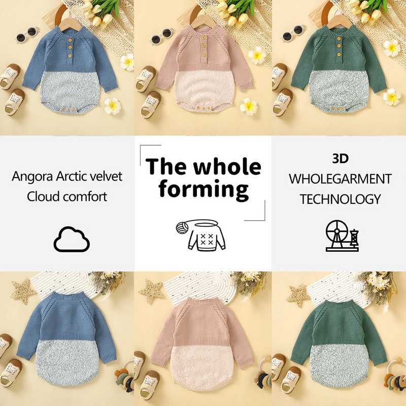 Kislányok Kötött Nyomda Ruhák Téli Ősz Meleg Pulóver Újszülött Hosszú ujjú Kontraszt Szín Gomb Horgolt Játszóruha Jumpsuits