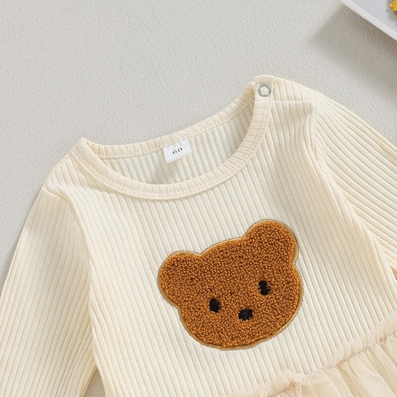 Kislányok hálós pólóruha Aranyos medve hosszú ujjú kombinékok újszülötteknek játszóruhák Őszi kisgyermek ruhák ruhák