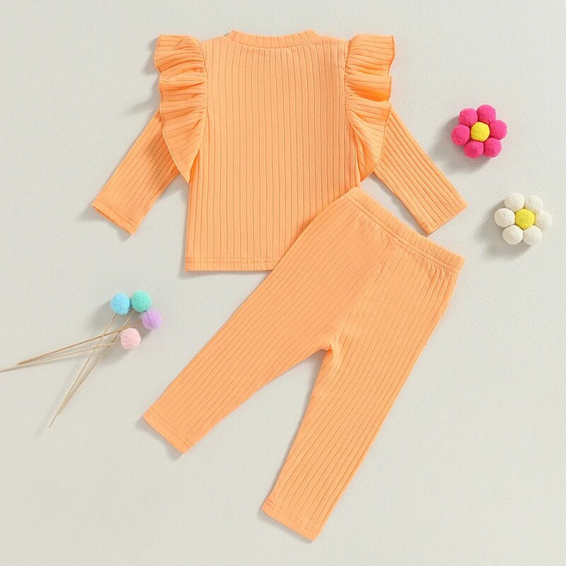 0-18 hónapos tipegő lányok őszi ruhák egyszínű fodrok, bordás hosszú ujjú felsők és elasztikus nadrág szett 2 részes kislány