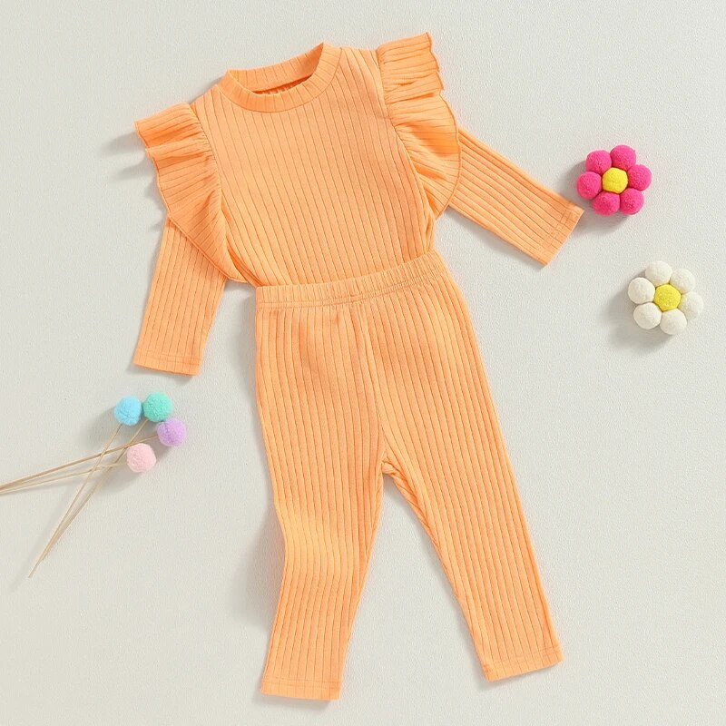 0-18 hónapos tipegő lányok őszi ruhák egyszínű fodrok, bordás hosszú ujjú felsők és elasztikus nadrág szett 2 részes kislány
