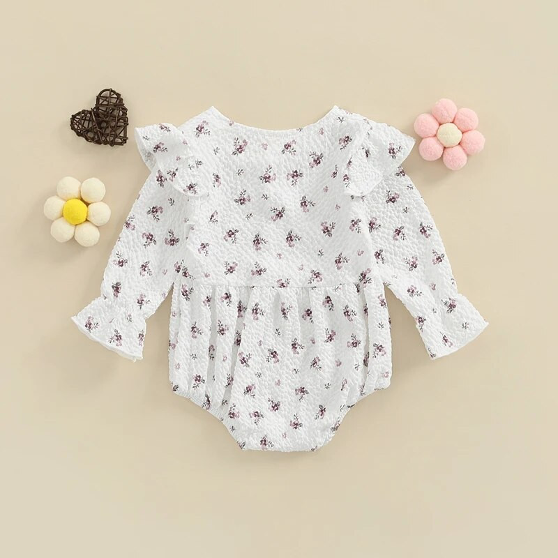 Csecsemők újszülött baba lányok édes nadrág, fodros szegély hosszú ujjú, kerek nyakú gombok virágmintás kombiné