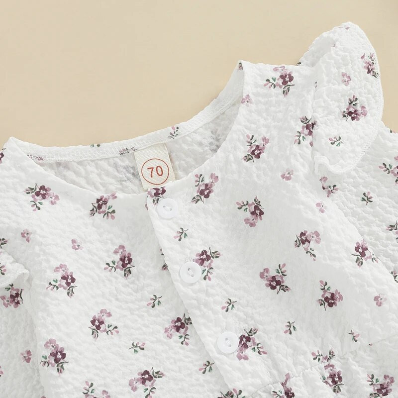 Csecsemők újszülött baba lányok édes nadrág, fodros szegély hosszú ujjú, kerek nyakú gombok virágmintás kombiné