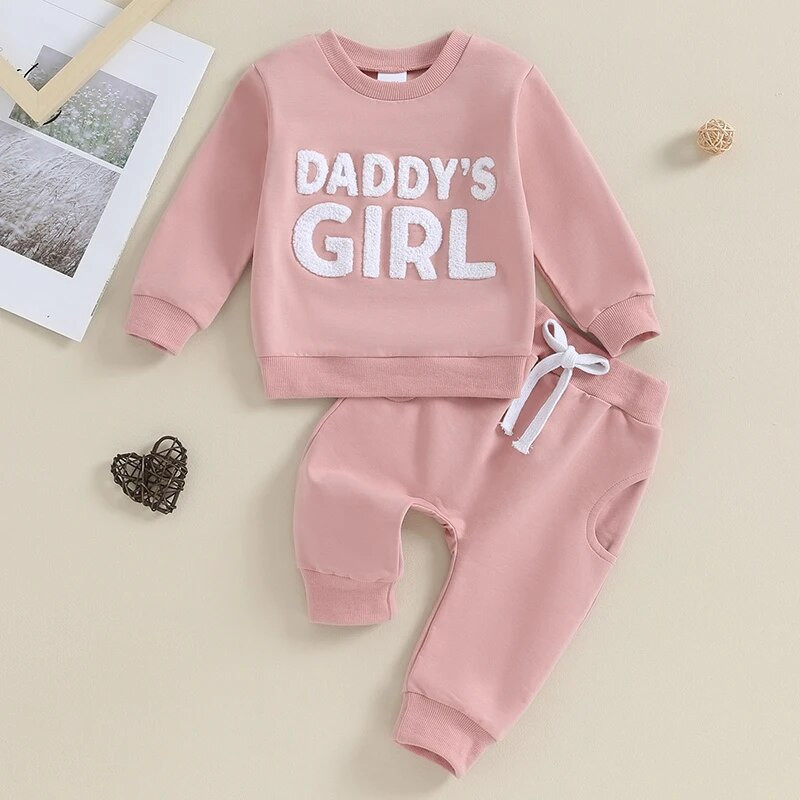 0-36 hónapos kislány 2db őszi szett, homályos betűs hímzéses hosszú ujjú pulóver + zsebnadrág ruhák kisgyermek lányoknak