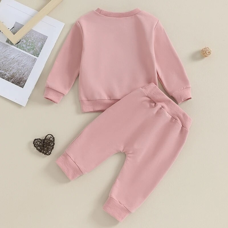 0-36 hónapos kislány 2db őszi szett, homályos betűs hímzéses hosszú ujjú pulóver + zsebnadrág ruhák kisgyermek lányoknak