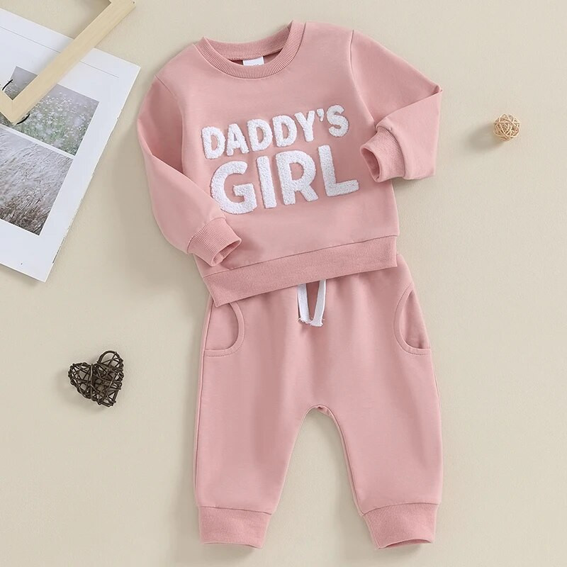 0-36 hónapos kislány 2db őszi szett, homályos betűs hímzéses hosszú ujjú pulóver + zsebnadrág ruhák kisgyermek lányoknak