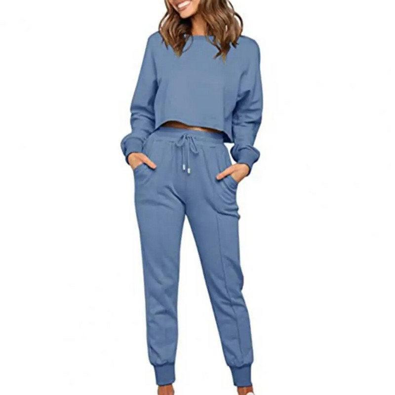 2023-as őszi 2 részes atlétaruha, női öltöny, O-nyakú, hosszú ujjú, húzózsinóros nadrágok, női öltönyök, új alkalmi divat, sport női szett