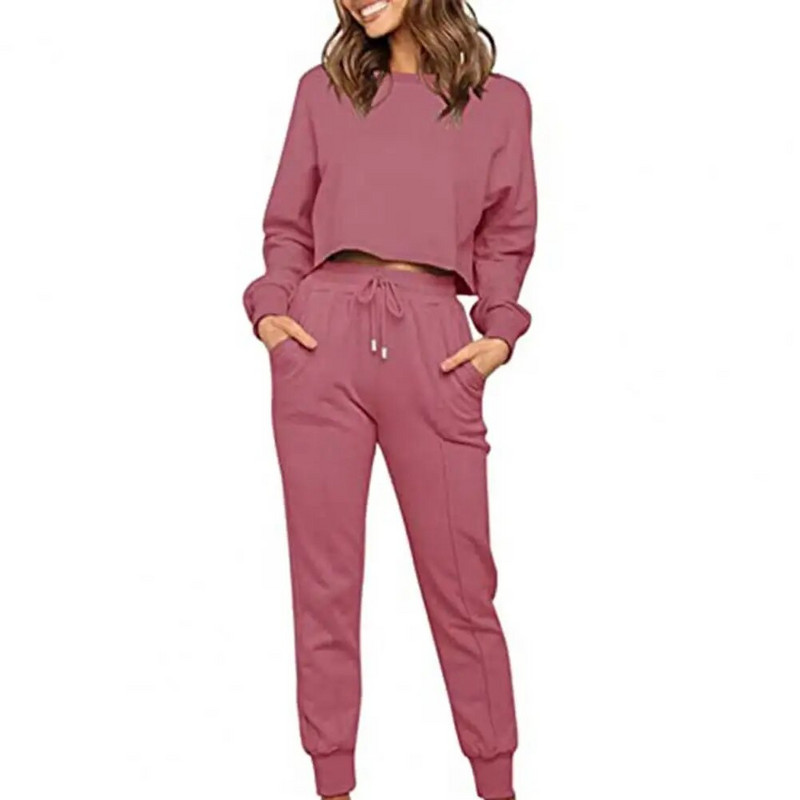 2023-as őszi 2 részes atlétaruha, női öltöny, O-nyakú, hosszú ujjú, húzózsinóros nadrágok, női öltönyök, új alkalmi divat, sport női szett