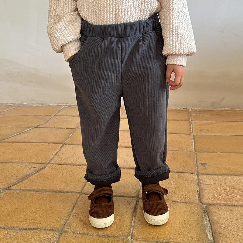 Őszi tél plusz bársony vastag kordbársony alkalmi nadrágok fiú lány gyerekek tömör meleg bő nadrágok baba zsebek divatos nadrágok