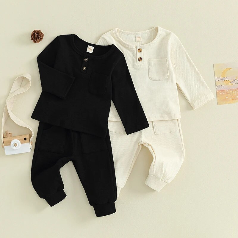 0-36 hónapos kisgyermek fiúknak 2db nadrág szettek hosszú ujjú nyakú gombos póló felsők nadrág ruhák csecsemő fiúknak tavaszi őszi szett