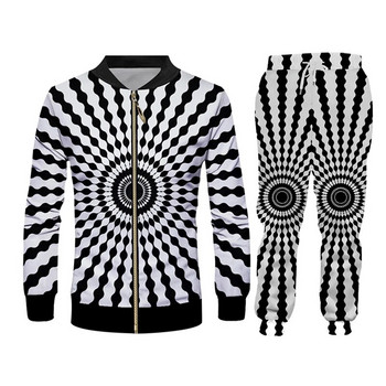 CJLM Μαύρο λευκό δαχτυλίδι Vertigo 3D μοτίβο αθλητική ανδρική φόρμα Σετ 2 τμχ Ανδρική φόρμα αθλητικής φόρμας Harajuku Hoodie Χειμερινό κοστούμι
