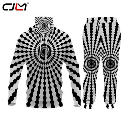 CJLM Must Valge sõrmus Vertigo 3D Mustriga Spordiülikond Meeste Komplekt 2 tk Setup Meeste Harajuku Hoodie Dressipüksid Spordidress Talveülikond