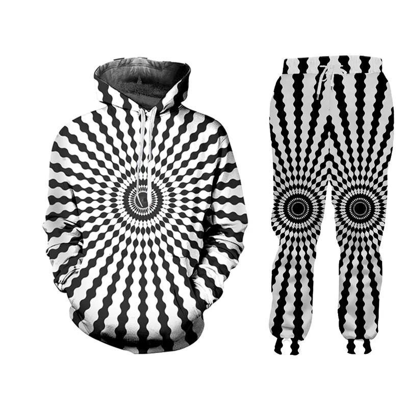CJLM fekete fehér gyűrű Vertigo 3D mintás sport ruha férfi szett 2 db-os beállítás férfi Harajuku kapucnis pulóver tréningruha téli ruha