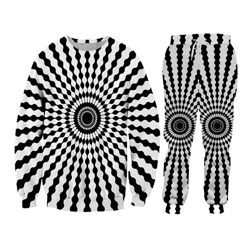 CJLM fekete fehér gyűrű Vertigo 3D mintás sport ruha férfi szett 2 db-os beállítás férfi Harajuku kapucnis pulóver tréningruha téli ruha