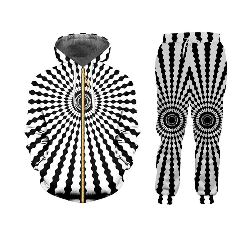 CJLM fekete fehér gyűrű Vertigo 3D mintás sport ruha férfi szett 2 db-os beállítás férfi Harajuku kapucnis pulóver tréningruha téli ruha