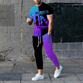 Летен анцуг Мъжки къс ръкав Ежедневни панталони с буква K Комплект тениска от 2 части Дълги панталони Улично облекло Сини спортни костюми