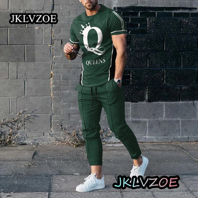 Nyári tréningruha Férfi rövid ujjú K betű Alkalmi nadrág Outfit 2 részes póló hosszú nadrág szett Utcai ruházat Kék sportruhák