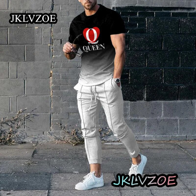 Nyári tréningruha Férfi rövid ujjú K betű Alkalmi nadrág Outfit 2 részes póló hosszú nadrág szett Utcai ruházat Kék sportruhák