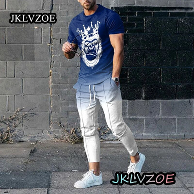 Nyári tréningruha Férfi rövid ujjú K betű Alkalmi nadrág Outfit 2 részes póló hosszú nadrág szett Utcai ruházat Kék sportruhák