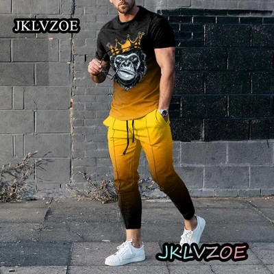 Nyári tréningruha Férfi rövid ujjú K betű Alkalmi nadrág Outfit 2 részes póló hosszú nadrág szett Utcai ruházat Kék sportruhák