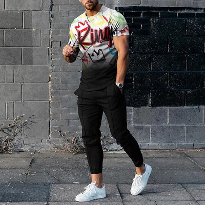 Nyári tréningruha Férfi rövid ujjú K betű Alkalmi nadrág Outfit 2 részes póló hosszú nadrág szett Utcai ruházat Kék sportruhák