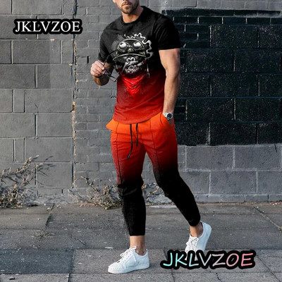 Nyári tréningruha Férfi rövid ujjú K betű Alkalmi nadrág Outfit 2 részes póló hosszú nadrág szett Utcai ruházat Kék sportruhák