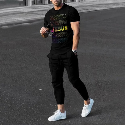 Nyári tréningruha Férfi rövid ujjú K betű Alkalmi nadrág Outfit 2 részes póló hosszú nadrág szett Utcai ruházat Kék sportruhák