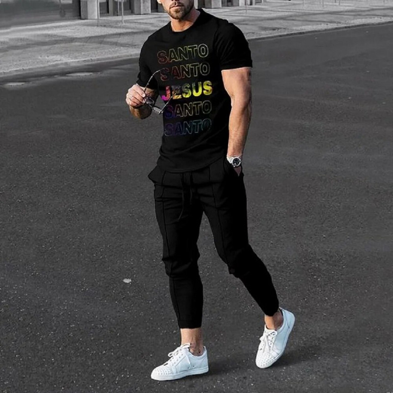 Nyári tréningruha Férfi rövid ujjú K betű Alkalmi nadrág Outfit 2 részes póló hosszú nadrág szett Utcai ruházat Kék sportruhák