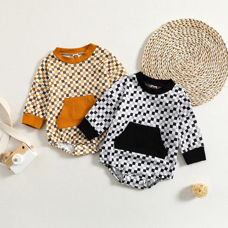 2 színű csecsemő kisfiú lány kauzális jumpsuit sakktábla kockás hosszú ujjú patchwork zsebbel