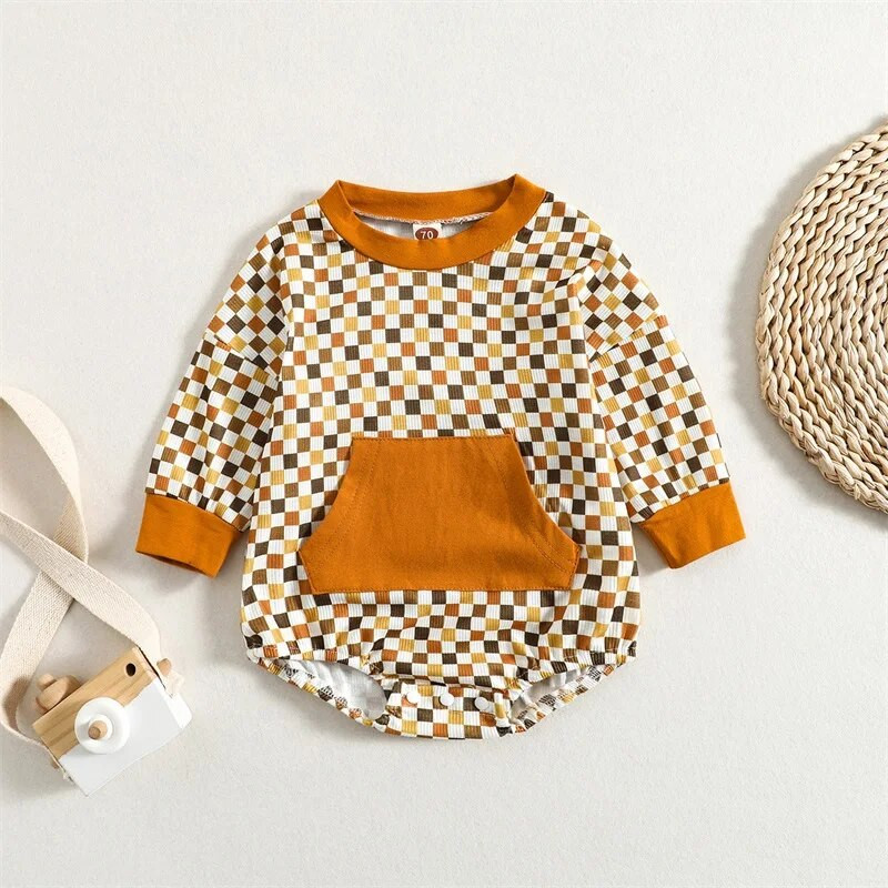 2 színű csecsemő kisfiú lány kauzális jumpsuit sakktábla kockás hosszú ujjú patchwork zsebbel