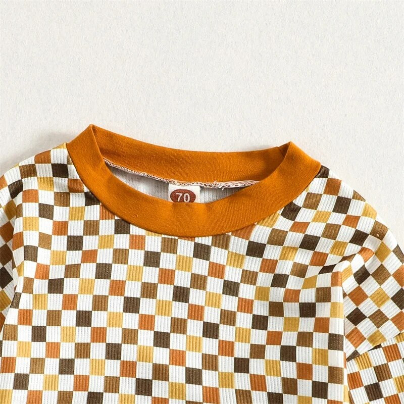 2 színű csecsemő kisfiú lány kauzális jumpsuit sakktábla kockás hosszú ujjú patchwork zsebbel