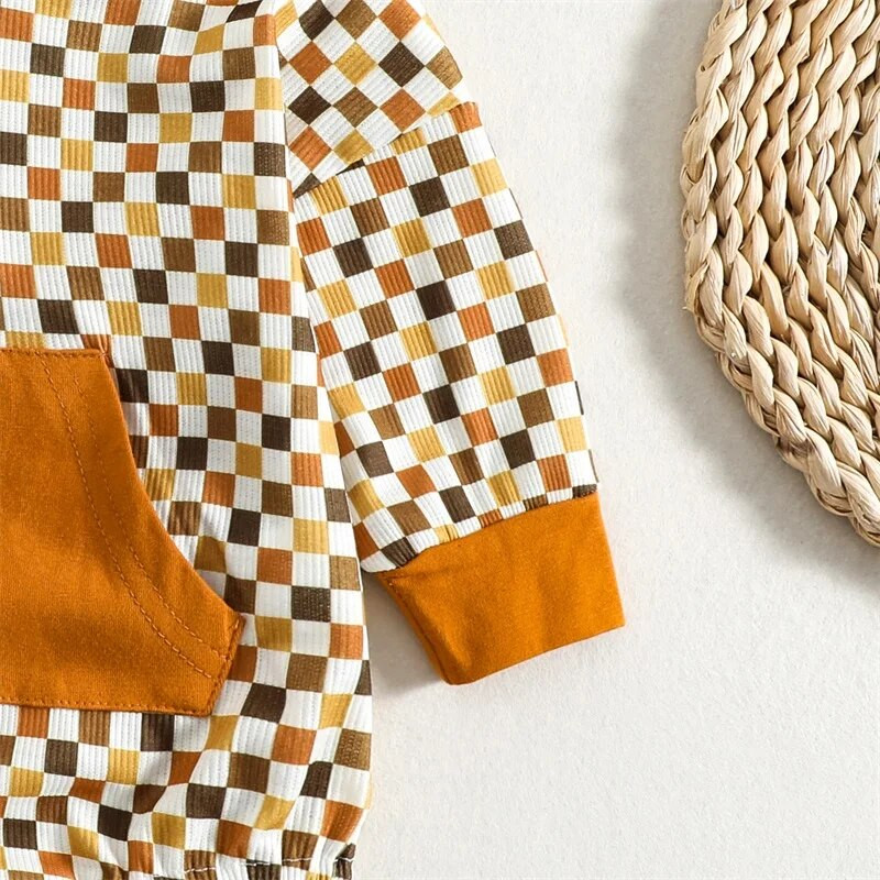 2 színű csecsemő kisfiú lány kauzális jumpsuit sakktábla kockás hosszú ujjú patchwork zsebbel