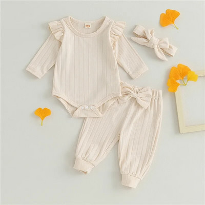 0-18 hónapos baba lányoknak 3 db-os kombiné szett egyszínű fodros hosszú ujjú nadrág és fejpántos ruha újszülött lányoknak