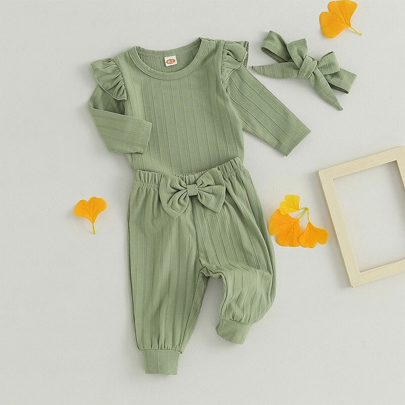 0-18 hónapos baba lányoknak 3 db-os kombiné szett egyszínű fodros hosszú ujjú nadrág és fejpántos ruha újszülött lányoknak