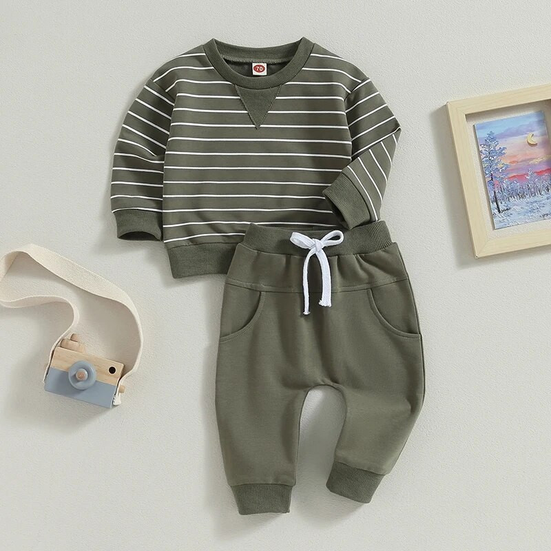 0-36 hónapos csecsemő fiú őszi ruhák csíkos mintás hosszú ujjú pulóver felsők tömör nadrág szett 2db-os ruha kisfiúknak
