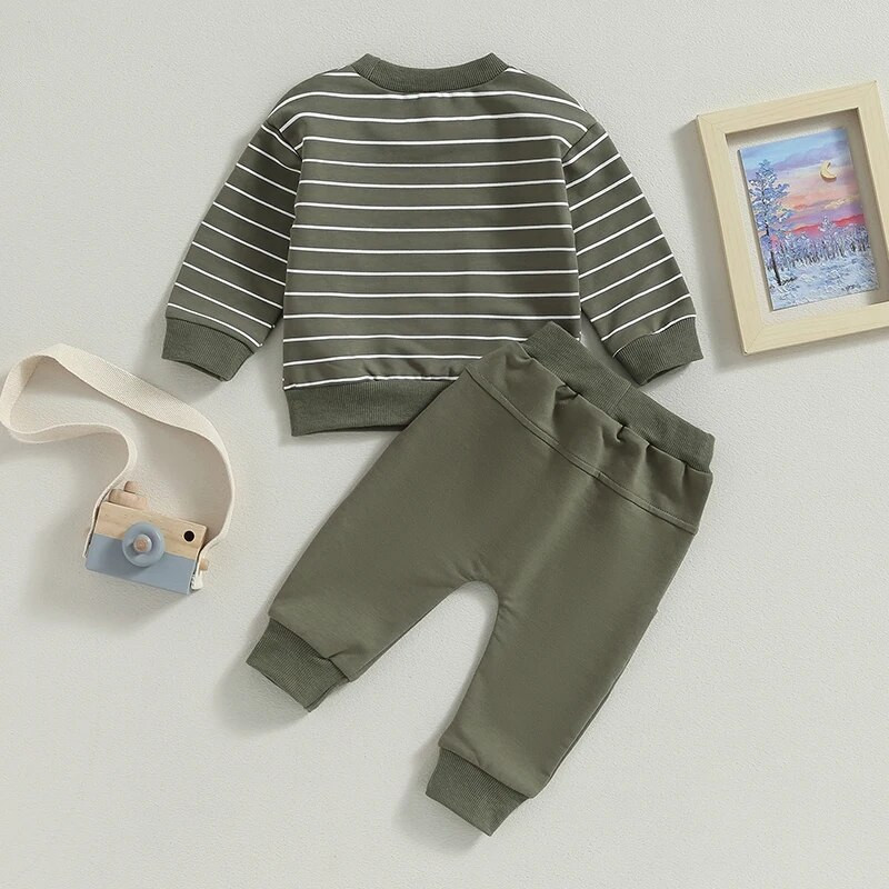 0-36 hónapos csecsemő fiú őszi ruhák csíkos mintás hosszú ujjú pulóver felsők tömör nadrág szett 2db-os ruha kisfiúknak