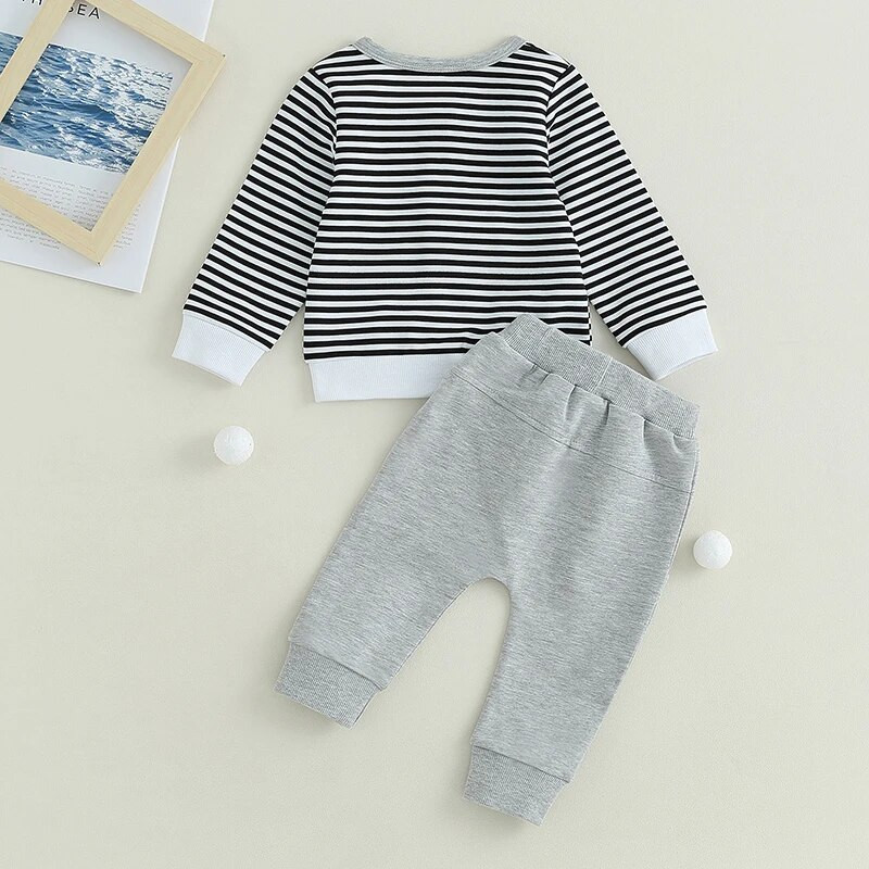 0-36 hónapos kisgyermek fiúknak 2 részes ruhakészlet csíkos hosszú ujjú pulóver és elasztikus nadrág ruhák kisfiúknak