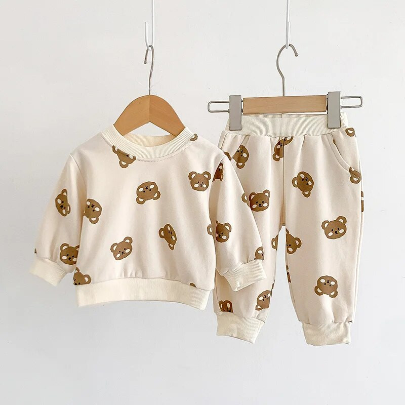 2023-as őszi babaruha szettek Rajzfilm Medvemintás pulóver nadrág 2 DB Pamut csecsemő felsők Nadrág koreai lányok fiúk öltöny