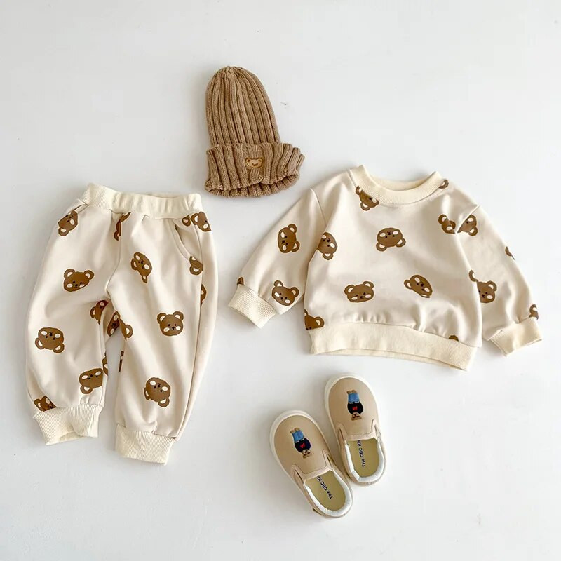 2023-as őszi babaruha szettek Rajzfilm Medvemintás pulóver nadrág 2 DB Pamut csecsemő felsők Nadrág koreai lányok fiúk öltöny