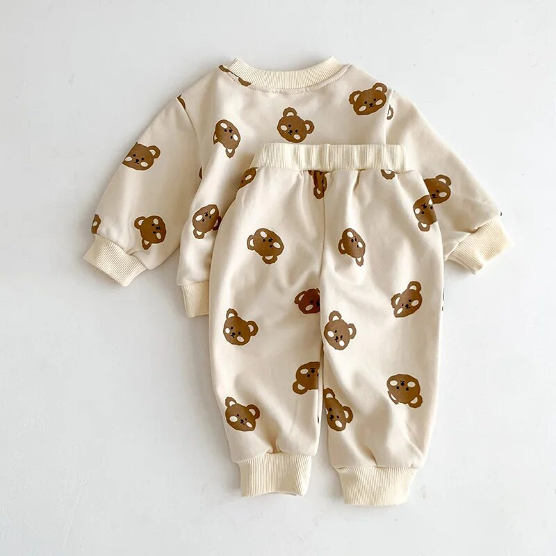 2023-as őszi babaruha szettek Rajzfilm Medvemintás pulóver nadrág 2 DB Pamut csecsemő felsők Nadrág koreai lányok fiúk öltöny