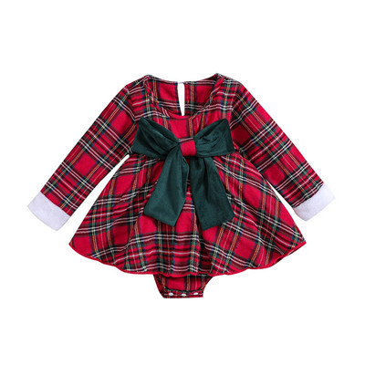 Χριστουγεννιάτικο Baby Girl Romper Φόρεμα καρό στάμπα μακρυμάνικο Playsuits Ολόσωμη φόρμα με φιόγκο