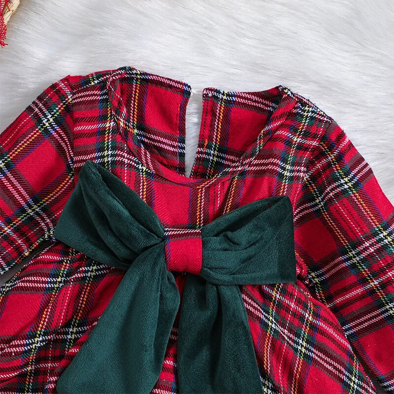 Karácsonyi baba lányok kockás ruha kockás nyomtatott hosszú ujjú játszóruhák jumpsuit masnival