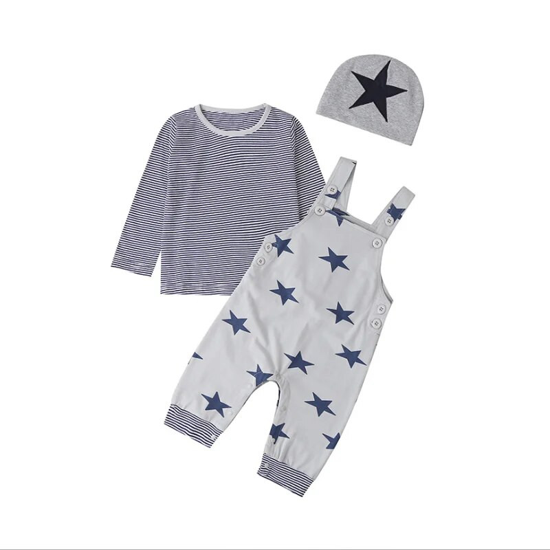Újszülött baba kisfiú ruhák divatos tavaszi csíkos hosszú ujjú felsők + nadrágtartó nadrág + sapka 3 DB kisgyermek kislány ruházat
