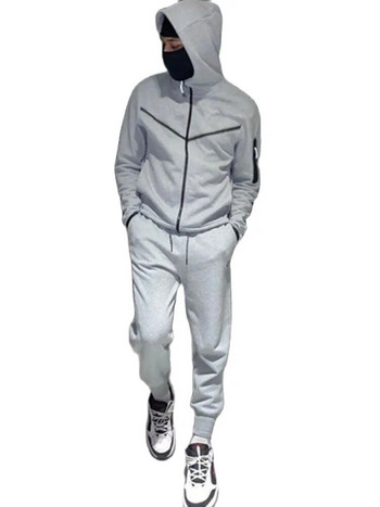 Мъжки анцуг от тънък технологичен полар Дизайнерски спортен костюм от две части Спортен спортен панталон с дълъг ръкав с качулка за пролет есен 3XL