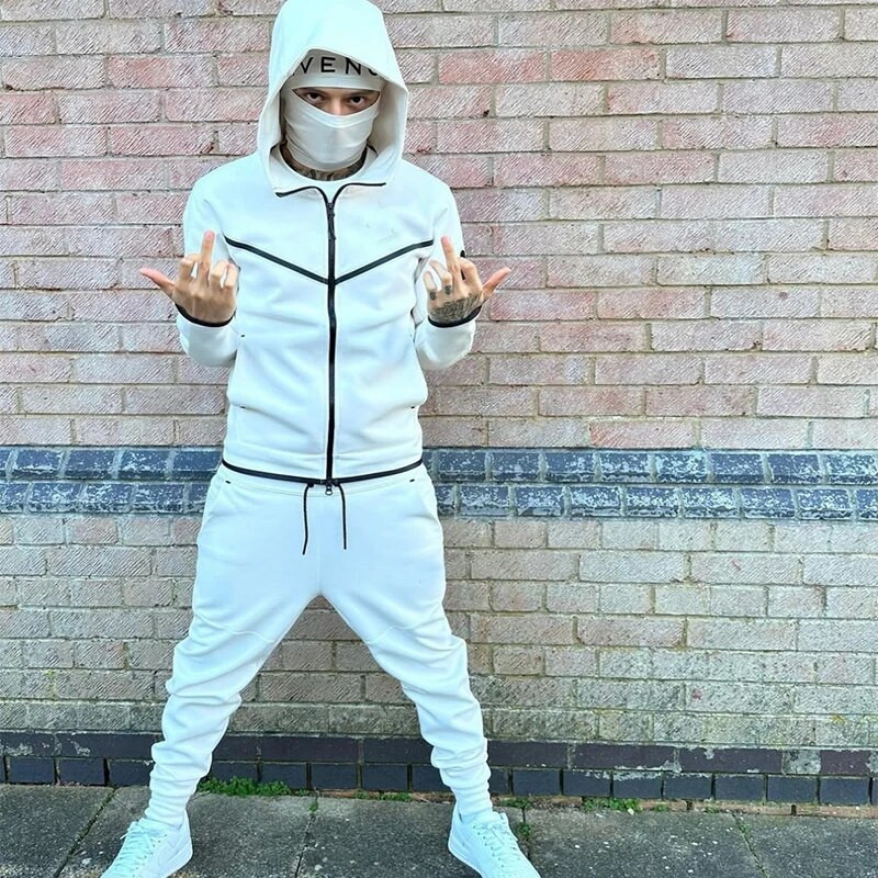 Vékony Tech Fleece férfi tréningruha tervezői izzadságruha kétrészes szett Sportos melegítőnadrág hosszú ujjú kapucnival tavaszi őszre 3XL