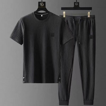 Καλοκαιρινό νέο φαρδύ σετ δύο τεμαχίων Ανδρικό κοντομάνικο μπλουζάκι Παντελόνι κορδόνι Κορεάτικο αθλητικό κοστούμι με ρυτίδες Trend Ανδρικά ρούχα