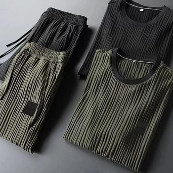 Летен нов свободен комплект от две части Мъжка тениска с къси ръкави Панталони с връзки Корейски бръчки Спортен ежедневен костюм Тенденция Мъжки дрехи