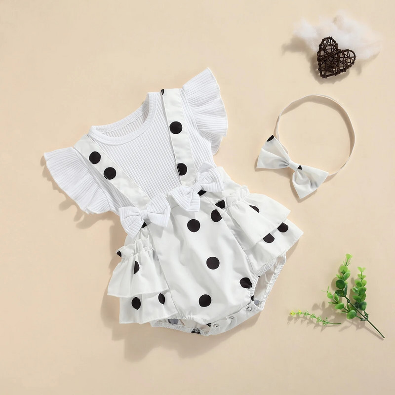 Nyári baba lány nadrág újszülött baba ruhák kisgyermek fodros ujjú gyümölcs virágos pöttyös nyomott kombiné fejpánttal 2 db