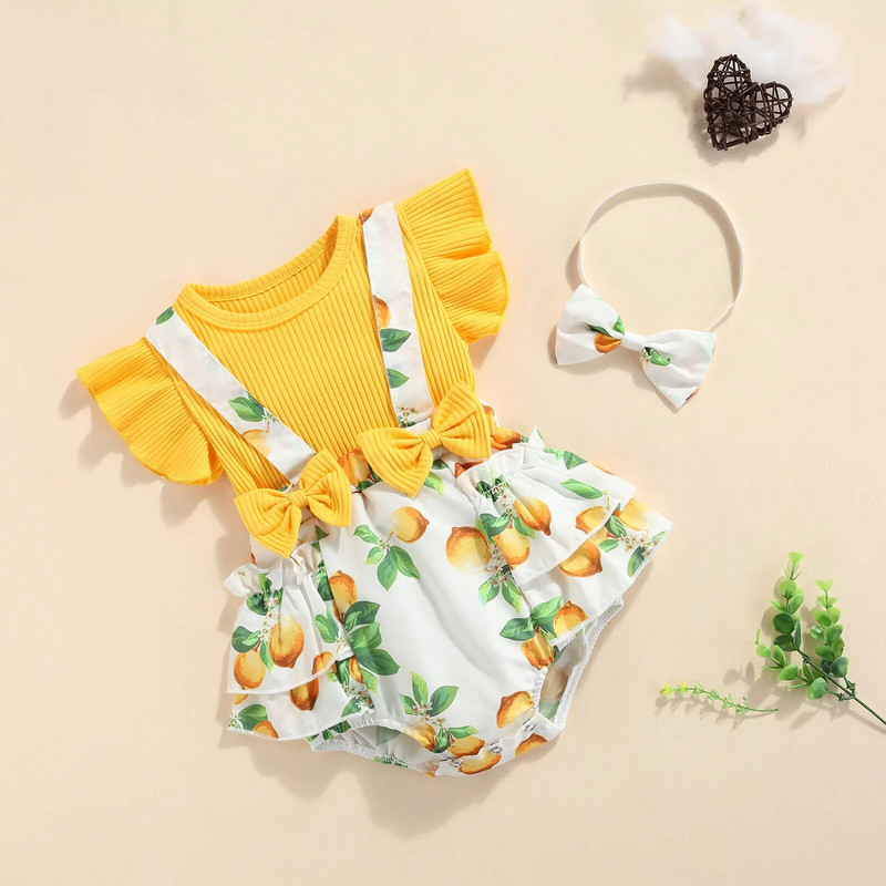 Nyári baba lány nadrág újszülött baba ruhák kisgyermek fodros ujjú gyümölcs virágos pöttyös nyomott kombiné fejpánttal 2 db